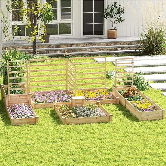 Giantex Raised Garden Bed 49x49x10 Wood Planter Box Kit w/Compost Bin &amp Open-Ended Bottom for Vegetables Flowers Herbs Fruits Elevated Square Planting Bed for Patio Backyard Garden