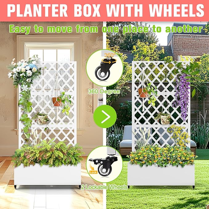 Metal Planter Box with Trellis Raised Garder Bed with Drainage Hole Privacy Screen &amp Trellis for Climbing Plants Outdoor Plant Stands 35''L×17''W×73''H White