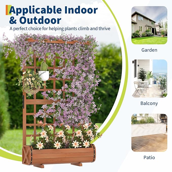 GarveeLife 67 h Raised Garden Bed with Trellis &amp Roof - Wooden Planter Box with Drainage Freestanding Outdoor Garden Box for Climbing Vines Vegetables Flowers - Perfect for Yard Patio Balcon
