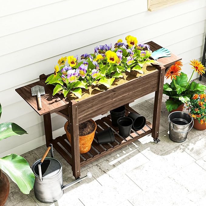 Strong Wood Raised Garden Bed with Lockable Wheels Side Benches Bottom Level Shelf Efficient Drain Holes Charred Finish