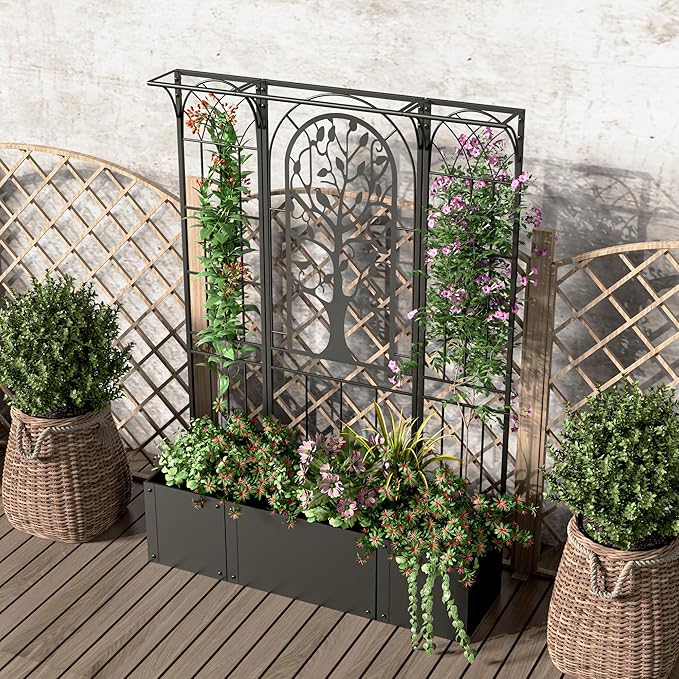 Metal Planter Box with Trellis Raised Garden Bed with Trellis Privacy Screen 62 inch Tall Planter Boxes for Climbing Plants Flowers Vegetables Fruits Balcony and Patio Decor (Black)