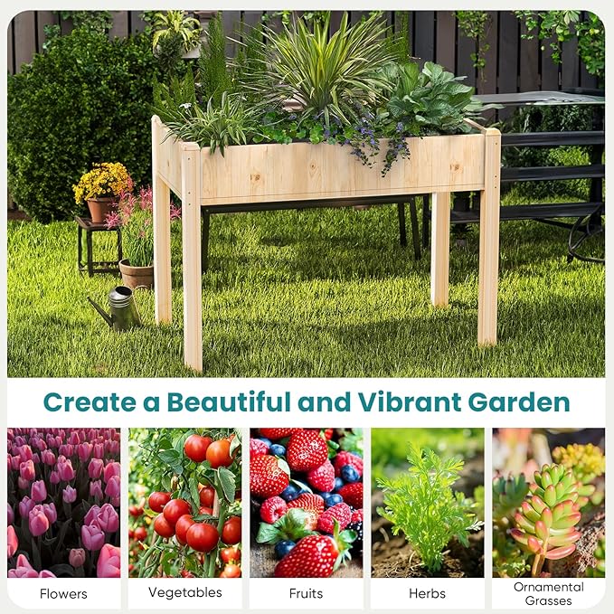OLIXIS 48x 24x 30in Raised Garden Bed - Natural Wood Elevated Planter Box with Non-Woven Liner 300lb Capacity - Perfect for Backyard Patio Balcony Gardening(Dark Yellow)