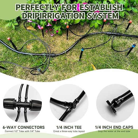 100FT 1/4 Inch Drip Irrigation kit Tubing Distribution Hose Tube for Garden Drip Irrigation System (Includes 2 Pack 6-Way Connector and 20pcs 1/4 Tee Splitters and End Plugs)