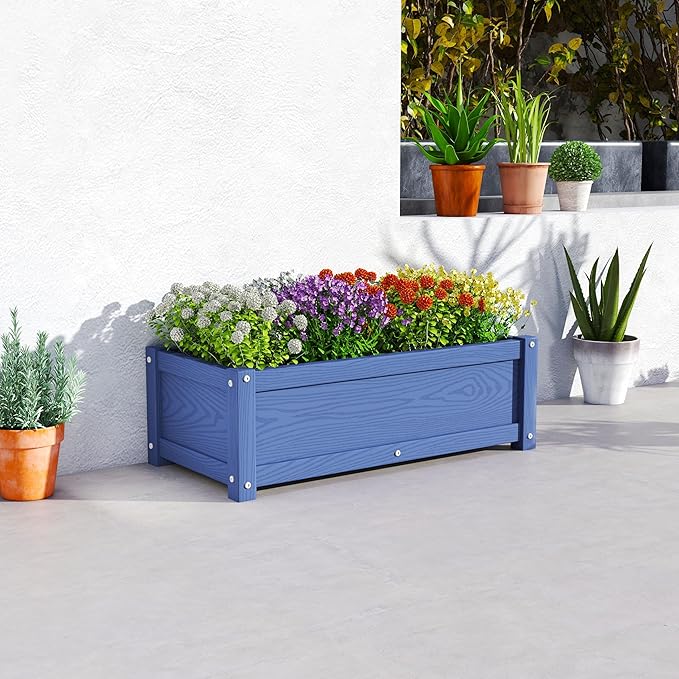 HDPE Planter Box All-Weather Outdoor Garden Bed Easy to Assemble Drainage System Low Maintenance Non-Fading for Flower/Herb/Seed (Navy)