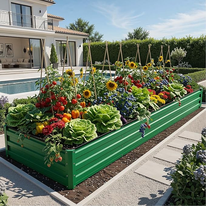YITAHOME 4pcs 12x4x1 ft Galvanized Raised Garden Bed Kit Large Metal Planter Box with Gloves Safety Rubber &amp Support Rod Outdoor Flower Bed for Plants Vegetables Green