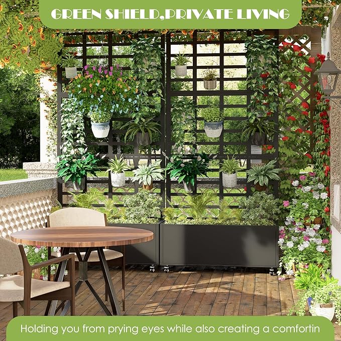 Metal Planter Box with Trellis for Climbing Plants 74.8x35.83x15.16 Raised Garden Bed with Privacy Screen Outdoor Planter with Drainage Holes Black