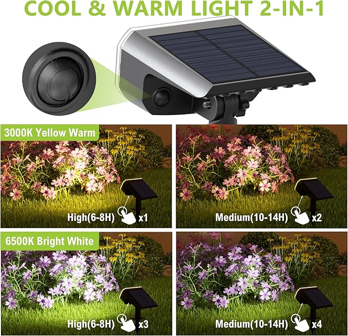 DAMINY Solar Spotlights Outdoor Waterproof IP652 CCT(Warm White &amp Cool White)4 Lighting Modes Solar spot Lights for YardGardenPathwayLandscapeAuto On/Off-2 Pack