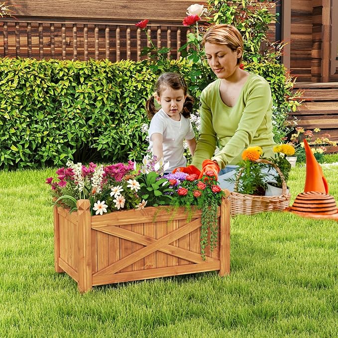 HAPPYGRILL Wooden Raised Garden Bed Solid Wood Gardening Plant Container w/Drainage Holes for Flower Vegetable Fruit Outdoor Elevated Planter Box for Patio Garden Yard Balcony (25”x 16”x 15”)