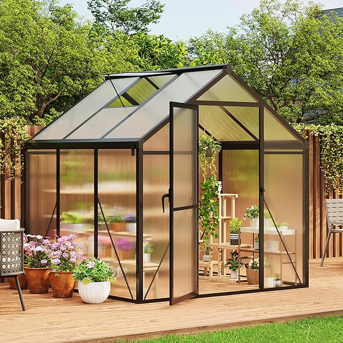 6x6 FT Greenhouse Greenhouses for Outside Polycarbonate Greenhouse with Aluminum Frame Lockable Door and Ajustable Roof Vent for Backyard Green Houses for Outside Garden Backyard Patio