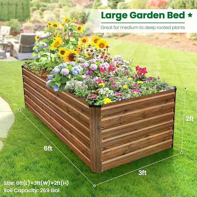 Homdox 6×3×2FT Galvanized Metal Raised Garden Bed Kit Deep Root Elevated Planter Box w/Anti Cutting Strip &amp A Pair of Gloves for Vegetables Flowers Herbs Succulents 265 Gallon Capacity Brow