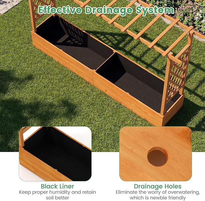 45-Inch Raised Garden Bed Wood Garden Freestanding Elevated Planter with Hanging Roof Drainage Holes for Vine Climbing Plants Flowers Planter Box with Trellis for Garden Patio Yard