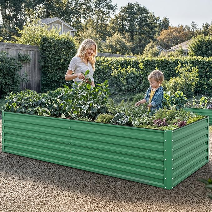YITAHOME 96x48x24 in 2pcs Galvanized Raised Garden Bed Kit Large Metal Planter Box with Gloves Safety Rubber &amp Support Rod Outdoor Flower Bed for Plants Vegetables Green
