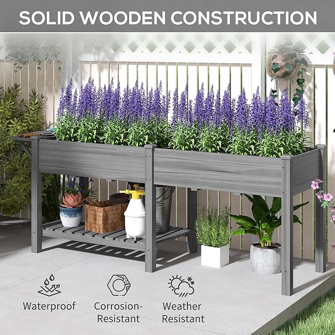 Outsunny Raised Garden Bed Wood Elevated Planter Box with Side Table Bottom Shelf Outdoor Raised Planter with Bed Liners Drainage Holes for Vegetable Flower 81.5 x 23 x 31 in Gray