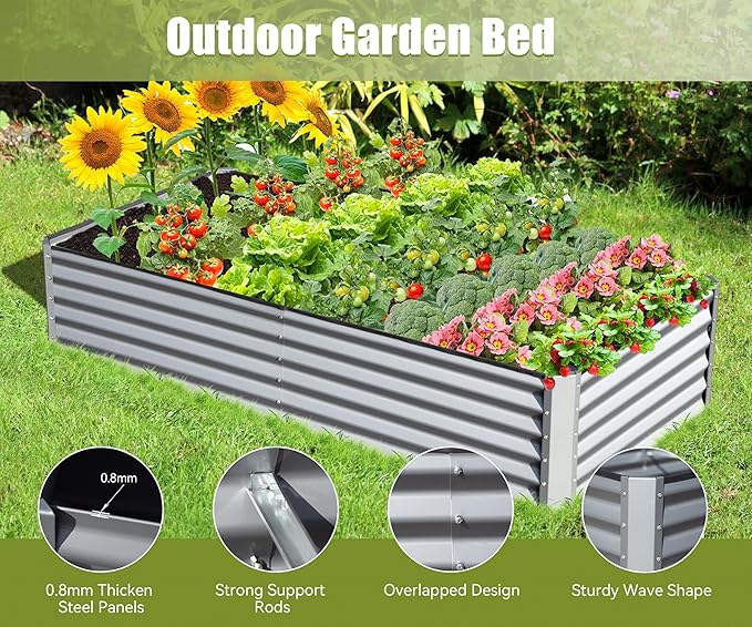 8x4x1.5 ft Galvanized Raised Garden Bed Outdoor Planter GBoxes Large Metal Planter Box for Gardening Vegetables Fruits Flowers Silver