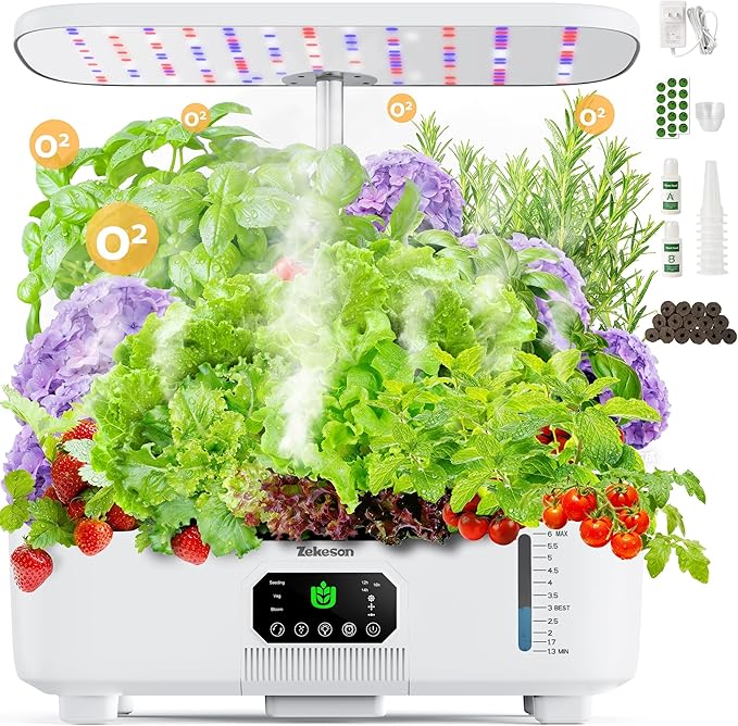 Misting Hydroponic Growing System Kit 15-Pods Indoor Smart Herb Garden Planter with LCD Touch Panel 6L Large Tank for Herb/Vegetables/Flowers/FruitsGardening Gifts for Women Men Beginners-White