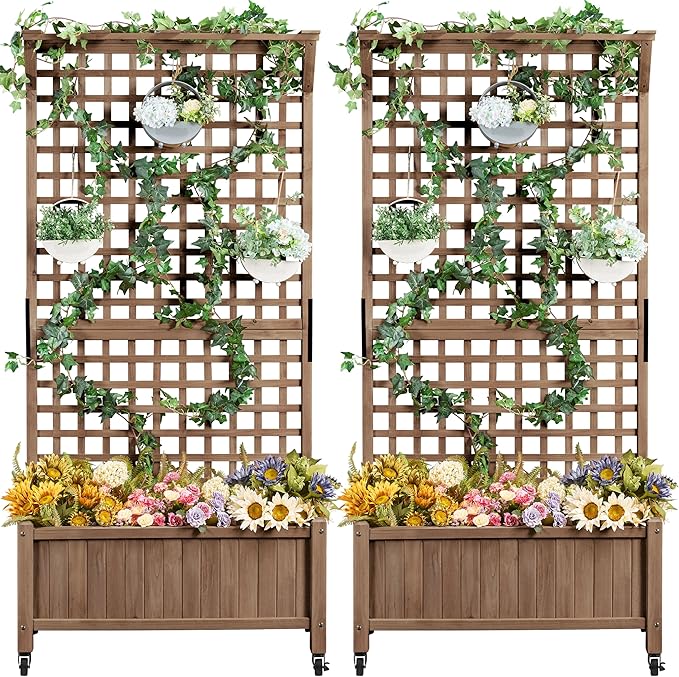 Yaheetech 72 H Garden Planter with Trellis for Vine Climbing Horticultural Plants Outdoor Raised Box with Drainage Holes Raised Garden Bed for Flowers Dark Brown 2pcs