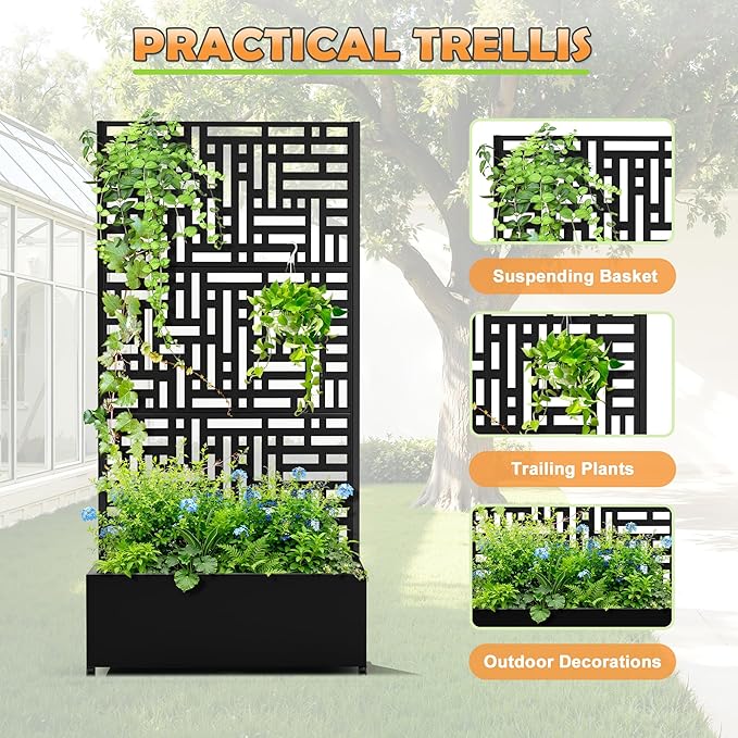 Metal Raised Garden Bed with Trellis 2-in-1 Planter Box &amp Privacy Screen for Climbing Plants Outdoor Standing Flower Bed with Drainage Holes 35.4 L x 15.7 W x 70.1 H Black-Helen