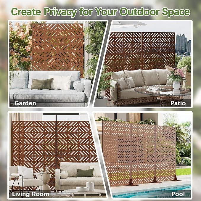 Cofar Metal Privacy Screen Outdoor 72 H×44 W -Brown Freestanding Outdoor Privacy Panels with Stand Decorative Fence for Patio Deck Balcony（Striped）