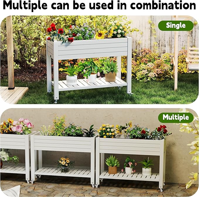 21 Gallon Raised Garden Bed with Legs and Wheels Self-Watering Raised Planter Box with Drainage Plug and Gauge Lower Shelf for Tools and Accessories Dust-Proof Resin for Patio and Backyard