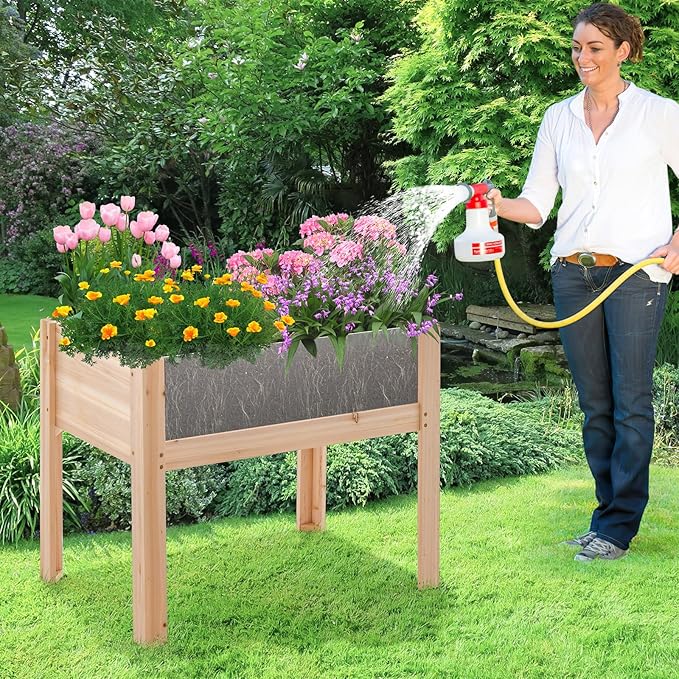 HAPPYGRILL Raised Garden Bed with Legs 24” Elevated Planter Box with 2 Acrylic Panel Sides Drain Holes Movable Beds Plant Terrarium w/Stand Planter Raised Beds for Vegetables Fruits Herbs