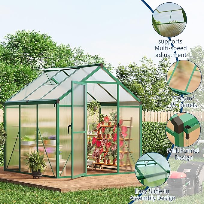 6X6 FT Greenhouse for Outdoors Large Walk-in Polycarbonate Greenhouse Kit Aluminum Frame Lockable Door Roof Vent Ground Spikes for Garden Patio Backyard Outdoor Plant Growth