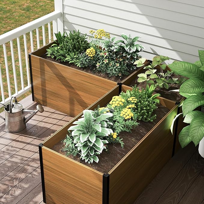 Composite Garden Planter Box with Open Base - Outdoor Modular Raised Bed for Vegetables Flowers and Herbs Durable Eco Friendly Easy to Assemble Low Maintenance