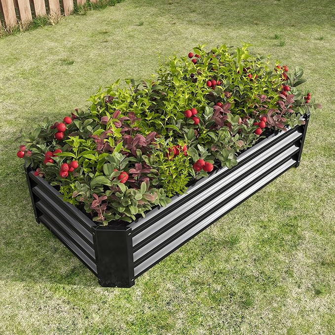 Raised Garden Beds Outdoor for Gardening 4×2×1ft Galvanized Rectangular Plastic Raised Planter Garden Box for Fruit Vegetables Herbs Flowers Growing Bed for Lawn Patio Balcony Black