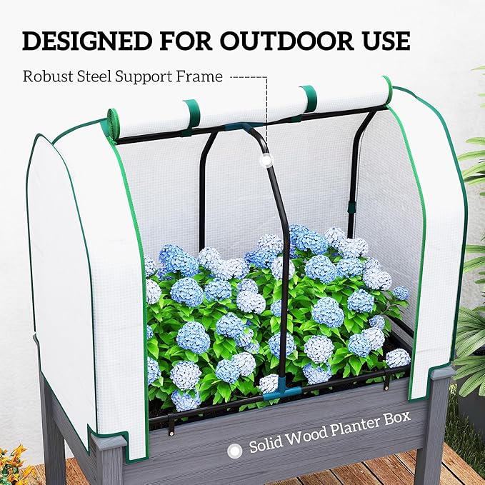 Outsunny Raised Garden Bed with PE Greenhouse Cover Outdoor Elevated Wood Planter Box for Herbs and Vegetables Use for Patio Backyard Balcony 35 x 22 x 47 inch Dark Gray