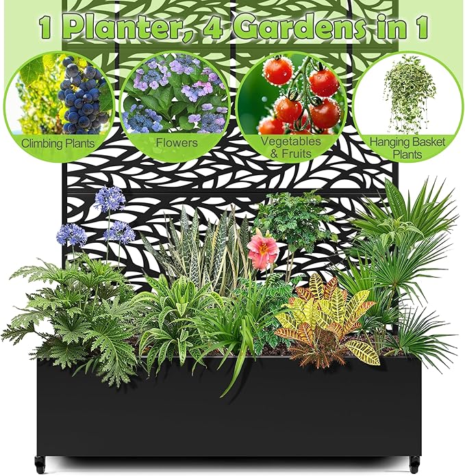 15.7×70.9×47.2 Metal Raised Garden Bed with Trellis and Wheels - Tall Trellis Planter Box for Climbing Plants Vegetables &amp Vines - Outdoor Privacy Planters for Patio (Black-Spring)