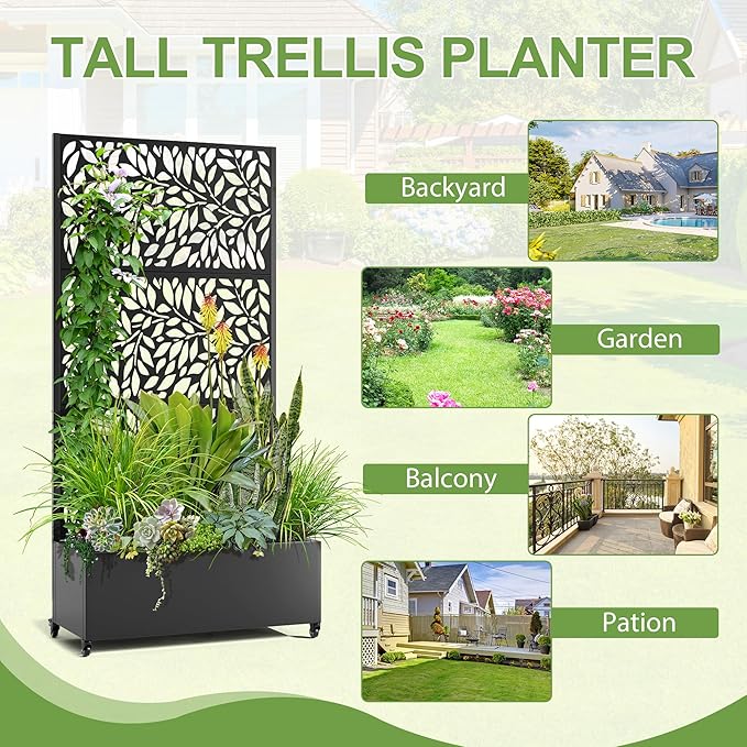 Raised Garden Bed with Trellis and Wheels73x35x16 Metal Raised Garden BedBlack Flowing Leaf-2 Metal Planter with Climbing Trellis for Vines &amp Vegetables