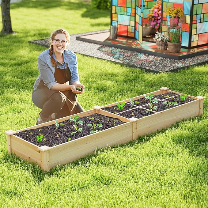 Wooden Raised Garden Bed 90 Elevated Flower Bed with 2 Planter Boxes &amp Dividers for Growing Vegetables Fruits Herbs Rectangular Garden Planter for Backyard &amp Lawn