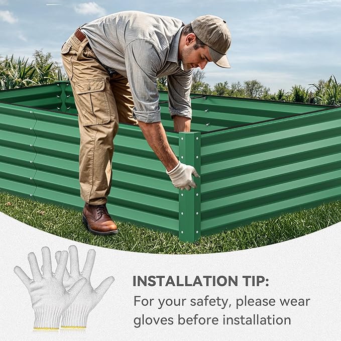 YITAHOME 2pcs 8x4x1.5 in Galvanized Raised Garden Bed Kit Large Metal Planter Box with Gloves Safety Rubber &amp Support Rod Outdoor Flower Bed for Plants Vegetables Green