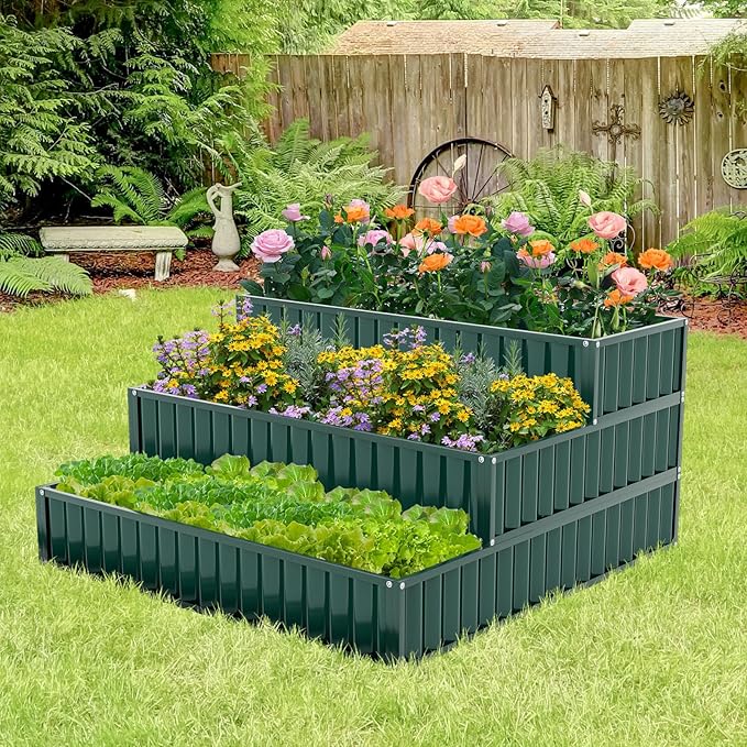 HAPPYGRILL 3-Tier Raised Garden Bed Galvanized Elevated Garden Bed w/Open-Ended Base for Deep Rooted Plants Vegetables Flowers Modular Assembly Outdoor Planter Box for Patio Backyard (1 Green)