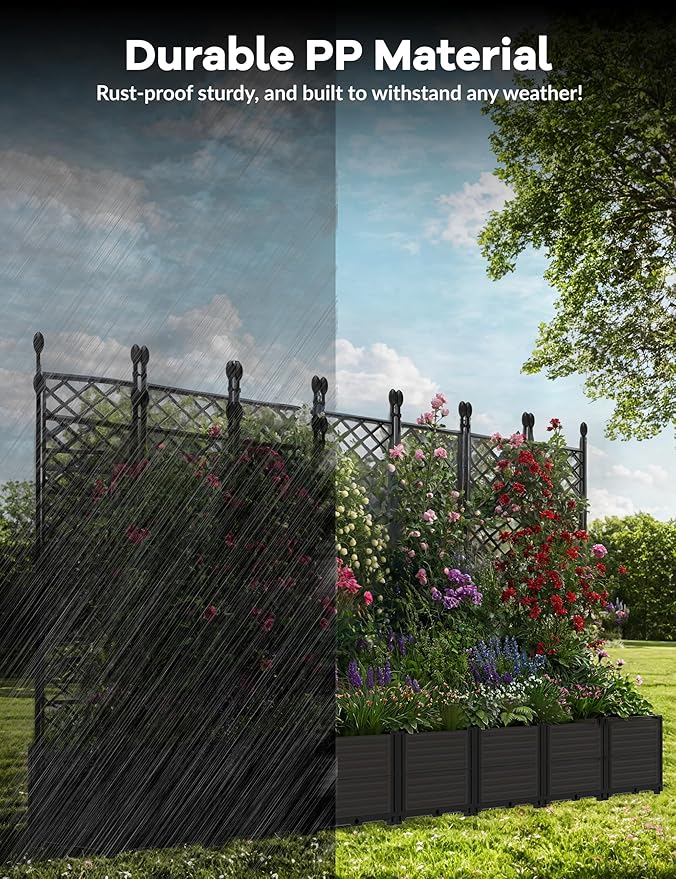 Garvee 7 PCS Plastic Plant with Metal Trellis Raised Garden Bed with Trellis Planter for Climbing Plant Outdoor Raised Box Privacy Screen for Patio Balcony Planter for Backyard Patio