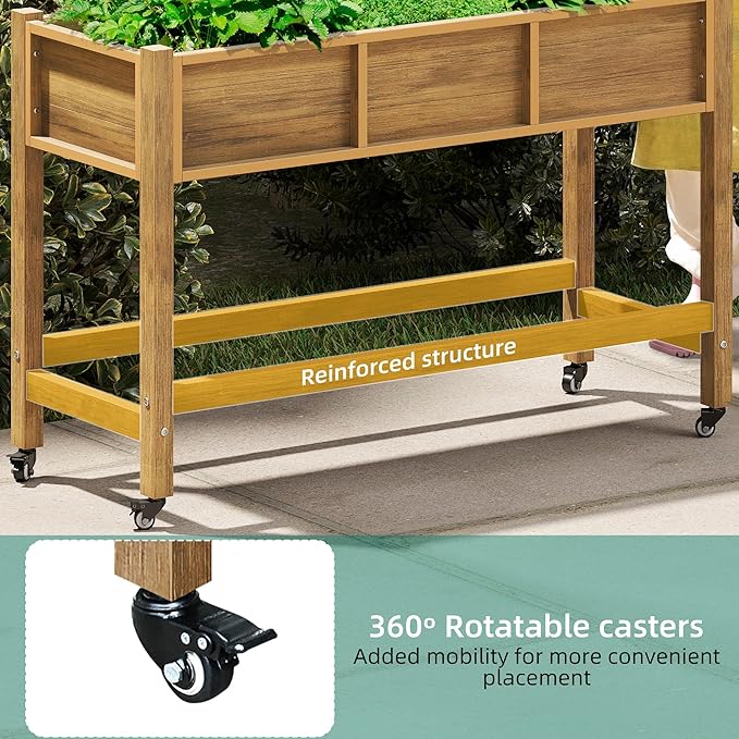 YITAHOME Raised Garden Bed HDPE 47x18x31In Poly-Wood Weather-Resistant Raised Flower Bed Elevated Planter Box with Lockable Wheels for Vegetables Brown