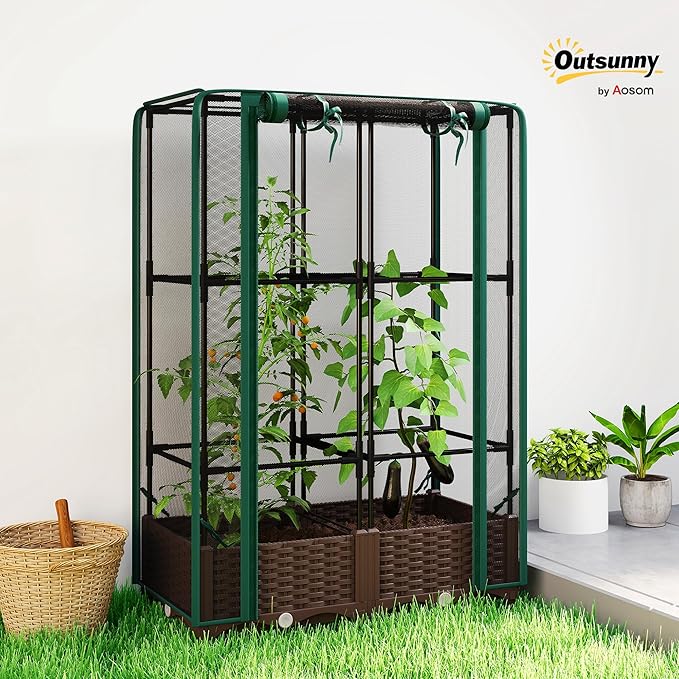Outsunny Raised Garden Bed with Trellis 46.5 Tomato Cage with Crop Cage Self Watering Planter Box with Drainage Holes and Plugs for Outdoor Patio Climbing Plants Vines Vegetables Flowers Green