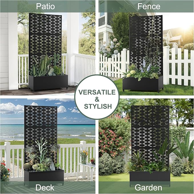 Planter Box with Trellis and Wheels Metal Privacy Screen with Garden Beds Outdoor for Climbing Plants Standing Planter Boxes with Drainage Holes (35 L×16 W×71 H Black Rectangle)
