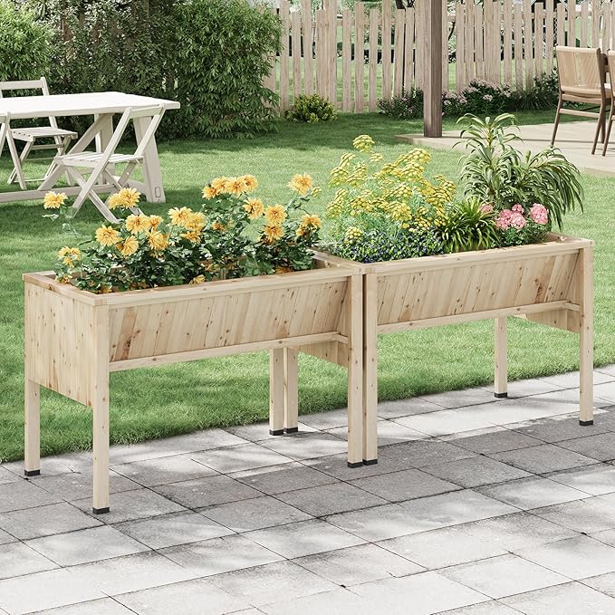 3.8x2x2.5 Ft Elevated Wooden Raised Garden Bed with Legs &amp Hooks - Outdoor Standing Planter Box for Vegetables Herbs Flowers - Natural Cedar Raised Garden Beds for Backyard Patio Balcony