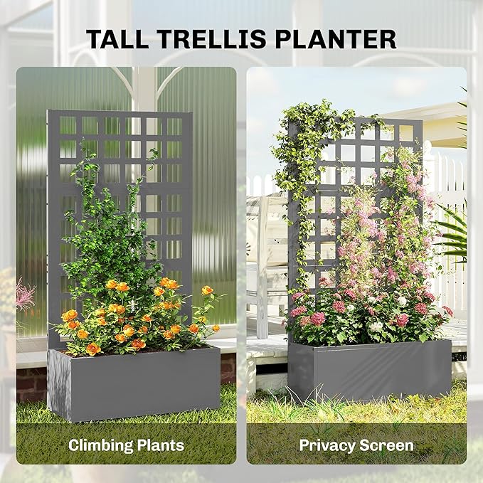 Outsunny Galvanized Raised Garden Bed with Trellis Metal Planter Box with Drainage Holes Outdoor Privacy Screen for Climbing Plants Vegetable Vines 24 x 9 x 44.5 Gray