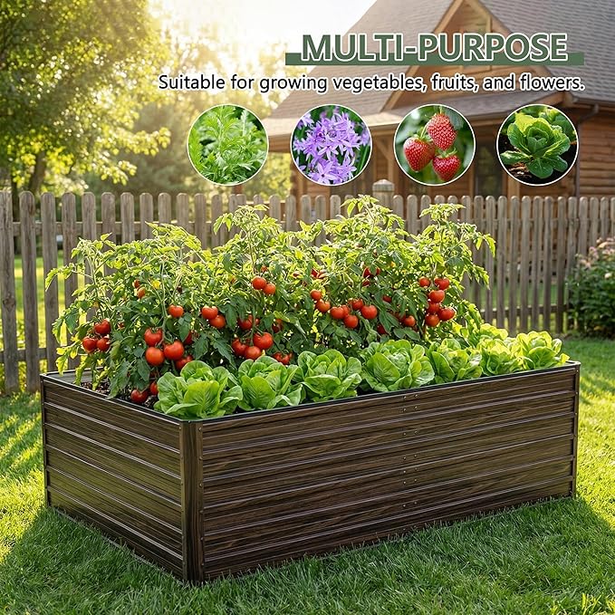 Galvanized Raised Garden Beds 8x4x2FT Outdoor Planter Boxes with Safety Edging and Gloves Rustic Country Style Metal Garden Bed Kit for Vegetables Flower and Fruits (Brown Wood Grain