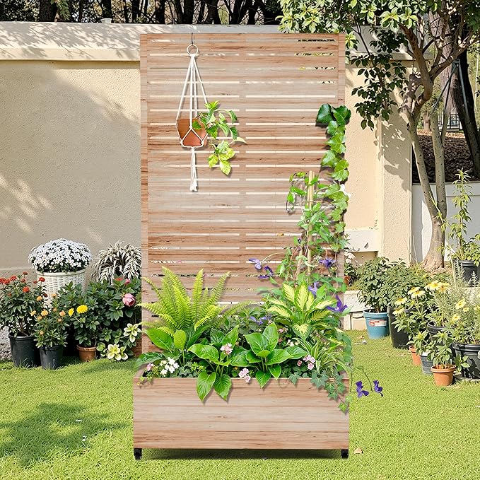 Metal Raised Garden Bed with Trellis 2-in-1 Planter Box &amp Privacy Screen for Climbing Plants Outdoor Standing Flower Bed with Drainage Holes 35.4 L x 15.7 W x 70.1 H Acacia Wood Grain
