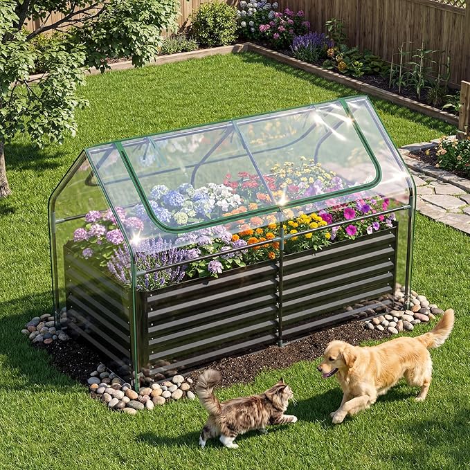HAPPYGRILL Raised Garden Bed with Cover Planter Boxes Outdoor w/Mini Greenhouse 2 Roll-up Windows &amp Open-Ended Base Metal Growing Raised Bed for Vegetables (Black 71” x 36” x 48”)