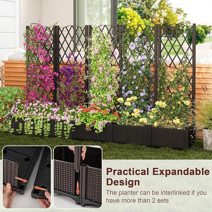 LDAILY Moccha Raised Garden Bed with Trellis - Planter with Trellis Self-Watering Device Drainage Hole Standing Garden Bed for Climbing Plant Vegetable Herb Flower (16”L x 16”W x 48”H)