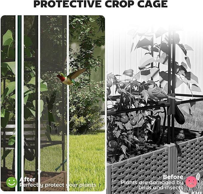 Outsunny Raised Garden Bed with Trellis 46.5 Tomato Cage with Crop Cage Self Watering Planter Box with Drainage Holes and Plugs for Outdoor Patio Climbing Plants Vines Vegetables Flowers White