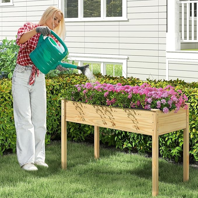 Raised Garden Bed 47 x 22.5 x 30 Elevated Planter Box w/Legs &amp Drainage Hole Wooden Planter Raised Bed for Vegetables Flowers Herbs Perfect for Outdoor Gardening Backyard Lawn Natural