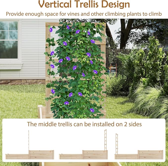 Giantex Wooden Raised Garden Bed with Trellis &amp 2 Planter Boxes Raised Bed for Vegetables Flowers Vine Fruits Herbs Gardening Planting Outdoor Garden Box for Patio Backyard Lawn