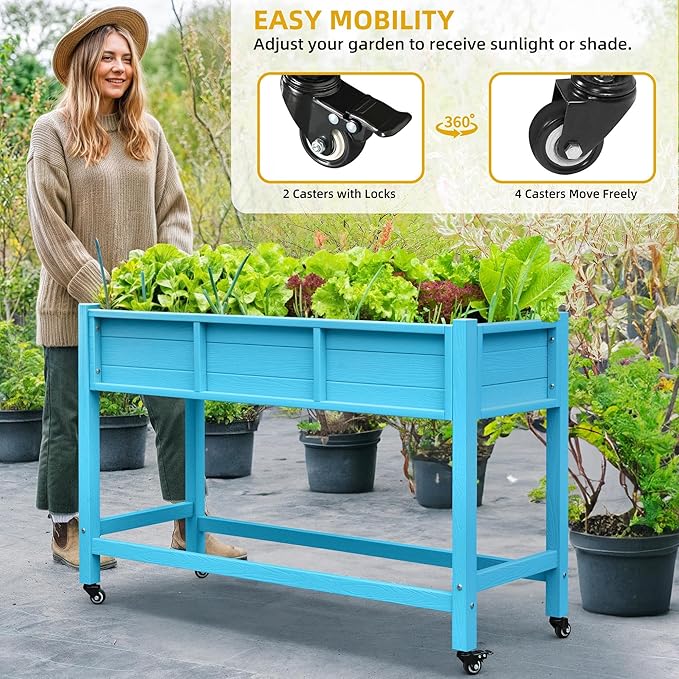 DWVO 47x18x31in Raised Garden Bed HDPE Weather-Resistant Poly Wood Planter Box Stand Planter Box with Legs &amp Lockable Wheels Elevated Garden Bed for Backyard Patio Balcony - Aruba Blue