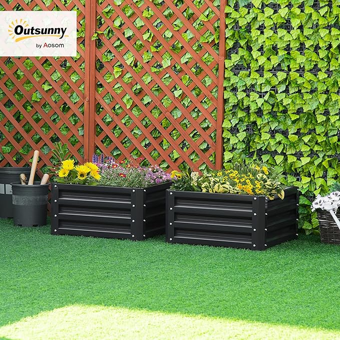 Outsunny 2 Piece Galvanized Raised Garden Bed 2' x 2' x 1' Metal Planter Box for Growing Vegetables Flowers Herbs Succulents Dark Gray