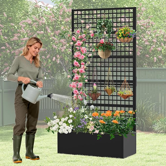 Metal Planter Box with Trellis 36 L x 16 W x 72 H Raised Garden Bed with Privacy Screen Privacy Planters for Climbing Plants Flowers Vegetables Fruits