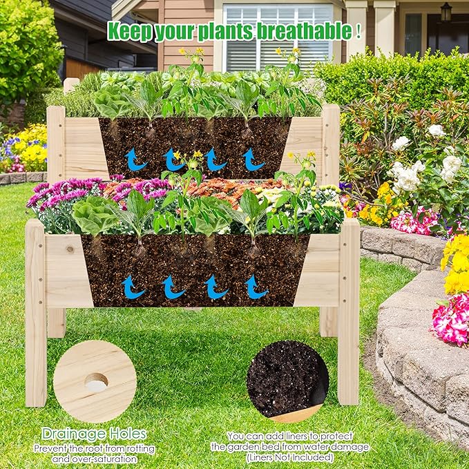 COSTWAY Raised Garden Bed 2-Tier Wooden Elevated Planter Box Stand with Legs for Vegetables Flowers Herbs Outdoor Indoor Garden Bed Kits for Backyard Patio Balcony Patio Natural